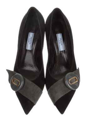 PRADA Block Heel Buckle Black Suede Pumps